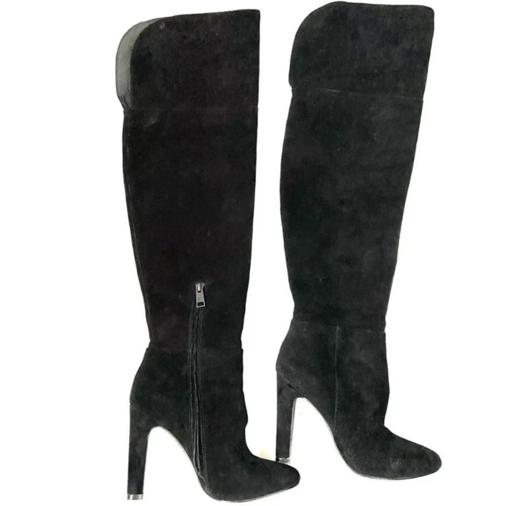 Joie Bentlee Genuine Suede Leather Heel Over The Knee Boots Sz 7 Black Retro - Picture 3 of 16